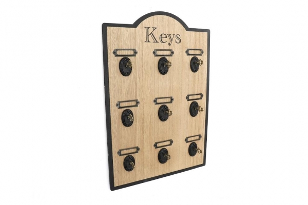 9 Key Design Hooks on Wooden Base