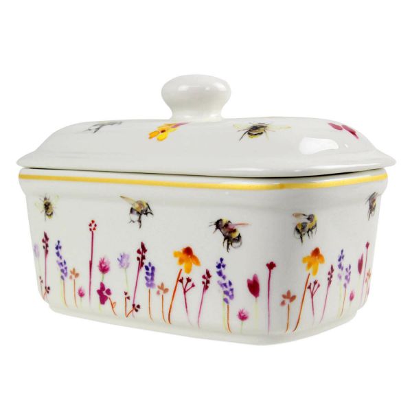 Busy Bees Ceramic Butter Dish with Lid Watercolour Flowers Print Floral Design