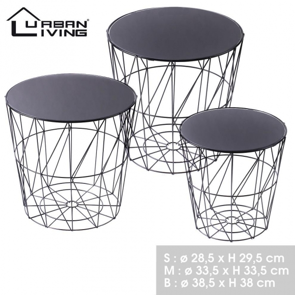 Set of 3 Modern Round Side Table Metal Black Top Glass