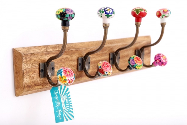 Mexican Floral 4 Double Hooks On Wooden Base