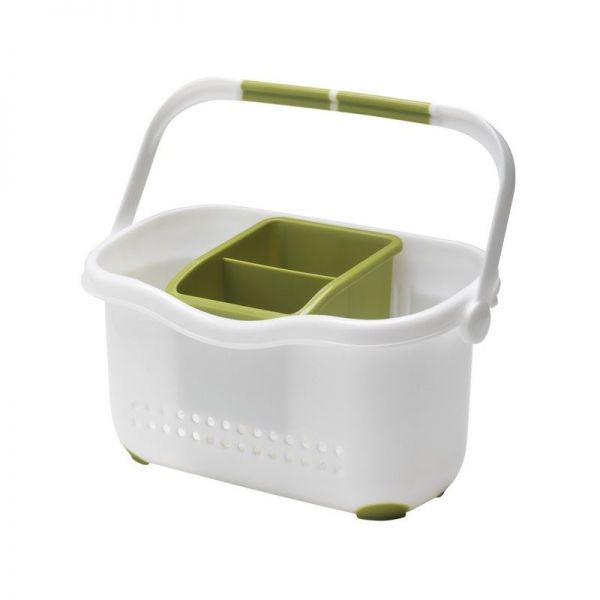 Kitchen Sink Side Organiser Plastic Caddy White and Green With Handle Cutlery Dranier