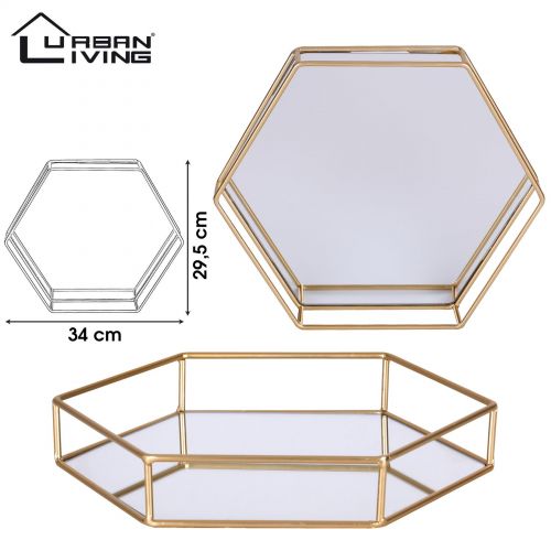 Hexagonal Tea Light Candle Tray Mirrored Glass Plate Gold