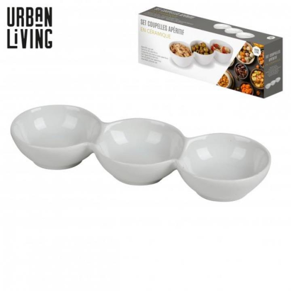 Set of 3 White Ceramic Snack Dishes for Serving Nuts Dips Sauces Modern Style