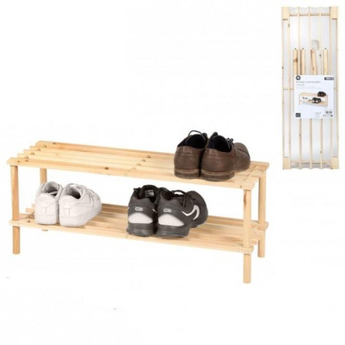 2 Tier Wooden Shoe Rack Natural Finish Storage Shelf Organiser Entryway 74cm