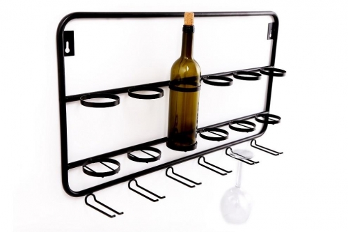 Wall Mounted Metal Holder for Six Bottles and Wine Glasses Rack