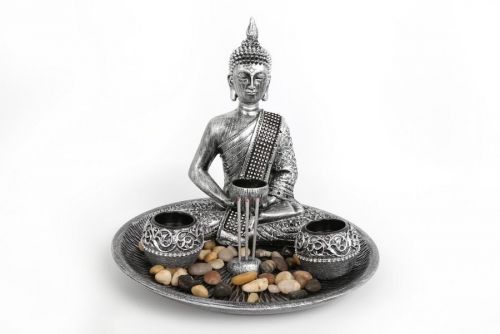 3Pc Buddha Tealight Holder With Tray And Stones Silver Polyresin Home Decoration