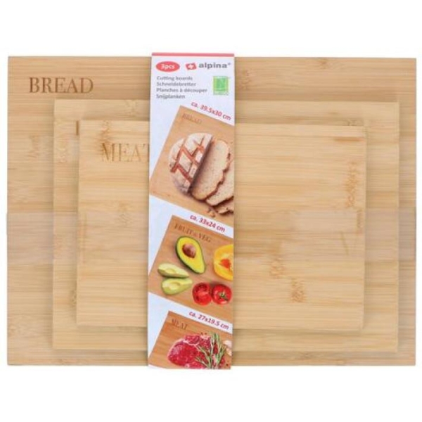 Cutting boards, Set of 3, Wood, Engraved Text (Meat, Bread, Fruit & Veg)