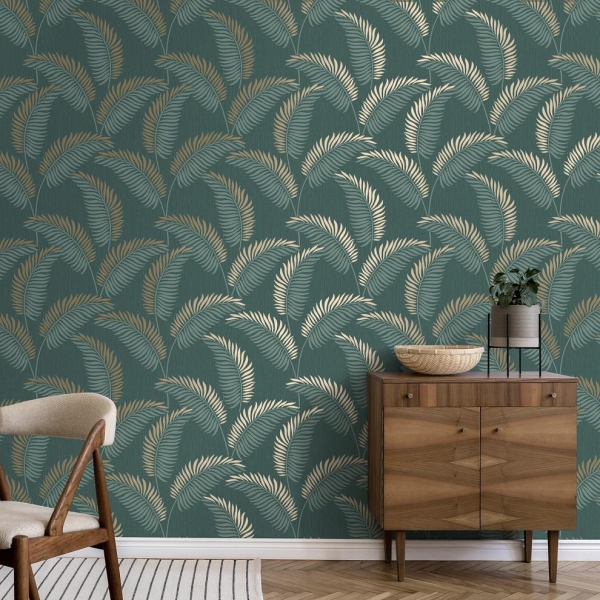 Cascade Leaf Emerald Gold Wallpaper