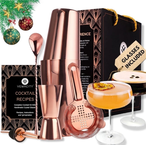 Vemacity Cocktail Shaker Set w/ 2 x Handmade Martini Glasses | Rose Gold Cocktail Shakers, Cocktail Accessories & Cocktail Glasses | Elegant Gift Box + Cocktail Recipe Book | Cocktail Making Kit