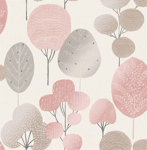 Scandi Forest Tree Metallic Wallpaper Woodland Leaf Pink Silver Shimmer Crown