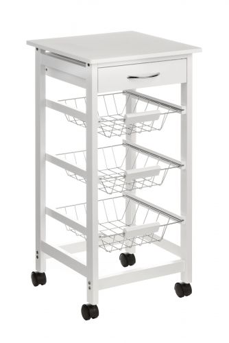 Wood Kitchen Trolley with Storage Drawer and 3 Wire Basket White Veneer Finish