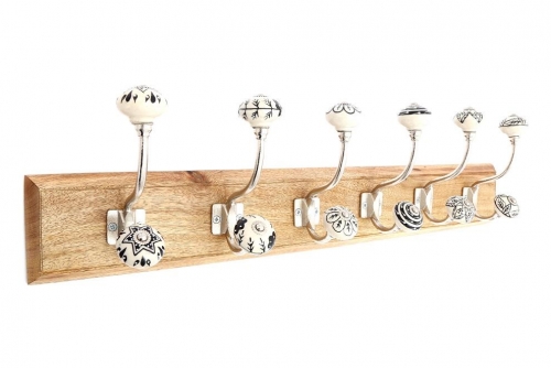 Six Double Metal Coat Hooks With Ceramic On Wooden Base