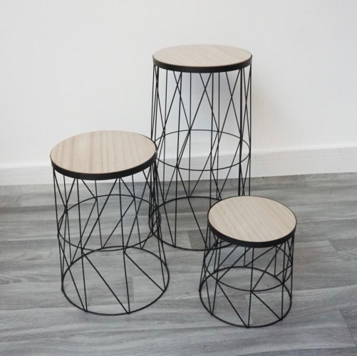 Set of 3 Wire Round Plant Stands With Wooden Top Base