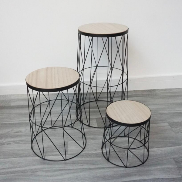 Set of 3 Wire Round Plant Stands With Wooden Top Base