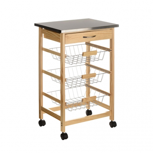 Pinewood Kitchen Trolley S Steel Top with 1 Drawer and 3 Wire Baskets
