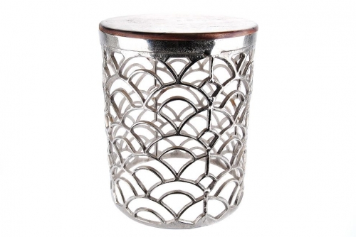 Decorative Round Silver Metal Side Table With A Wooden Top