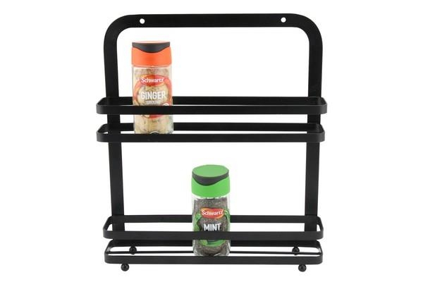 Flat Iron Spice Rack 2 Tier Black Strong Wall Hanging