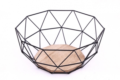 Metal Fruit Basket Black Bowl Wooden Base Decorative