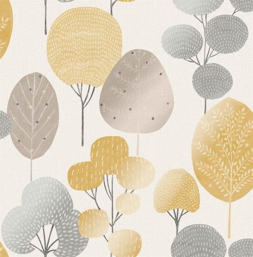 Scandi Forest Tree Metallic Wallpaper Woodland Leaf Yellow Grey Shimmer Crown