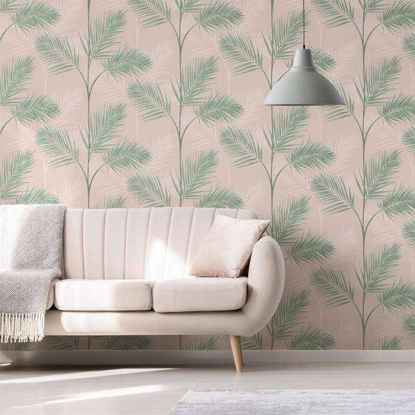 South Beach Palm Leaf Wallpaper Blush Pink Metallic Mica