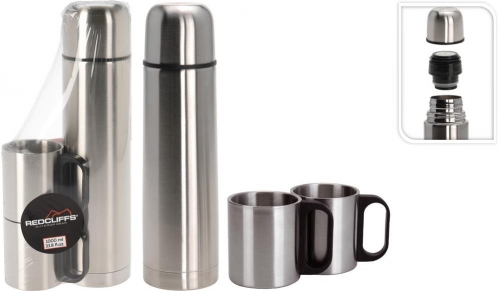 Vacuum Flask Bullet 1L 2 Cups - Stainless Steel Portable Drinkware - Coffee Set 1 Liter Set 1 Liter Beverage Insulation Stylish Bottled Tumbler