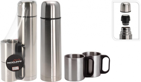 Vacuum Flask Bullet 1L 2 Cups - Stainless Steel Portable Drinkware - Coffee Set 1 Liter Set 1 Liter Beverage Insulation Stylish Bottled Tumbler