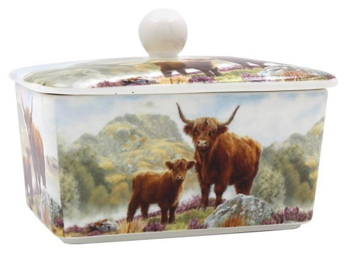 Highland Cow Butter Dish Fine China Multi Color Rustic Design for Table Serving