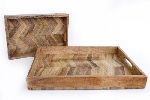 Set Of Two Herringbone Wooden Trays With Handles