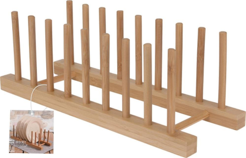 Bamboo Plate Holder Rack 34x12cm Holds 8 Plates Kitchen Dish Drying Stand
