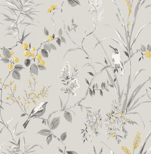 Fine Decor Mariko Floral Birds Wallpaper Grey Yellow Metallic Flower Shimmer