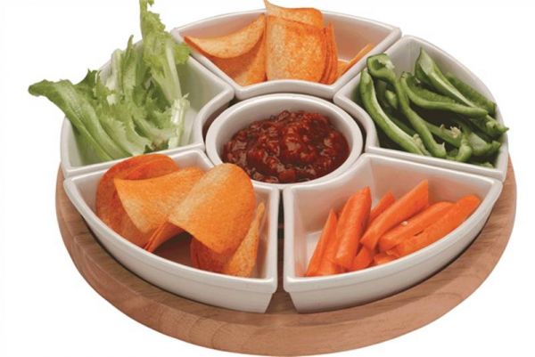 Havea Wood Lazy Susan with Ceramic Dishes