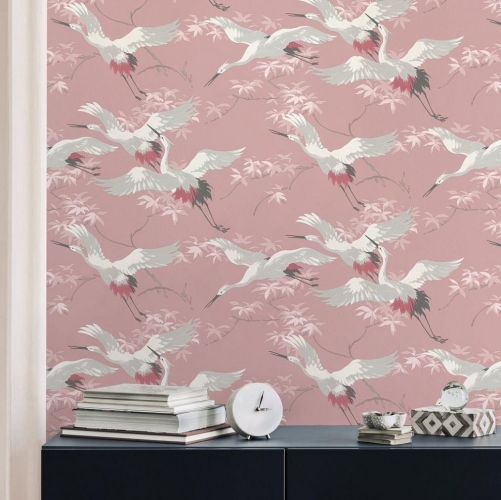 Crown Cranes Crane Soft Pink Wallpaper