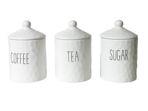 Dimples Canister Set 3 Pieces Ceramic White with Black Writing Coffee Tea Sugar