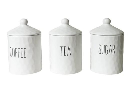 Dimples Canister Set 3 Pieces Ceramic White with Black Writing Coffee Tea Sugar
