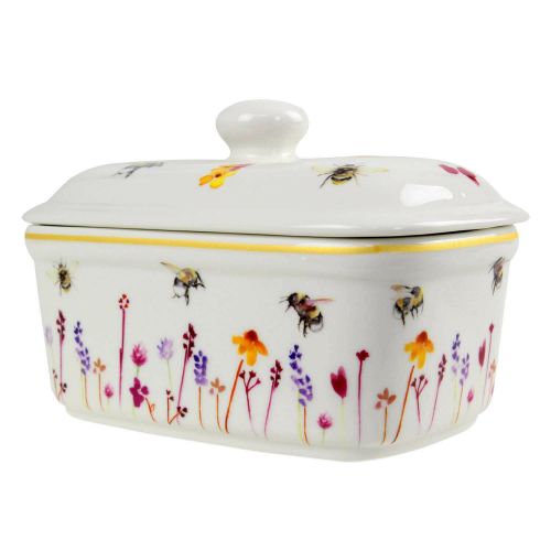 Busy Bees Ceramic Butter Dish with Lid Watercolour Flowers Print Floral Design