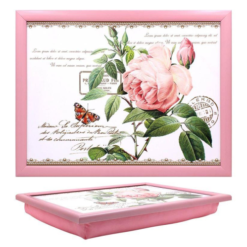 Redoute Rose Lap Tray Floral Pink Cushioned Base Sturdy Wooden Frame 44x34 cm