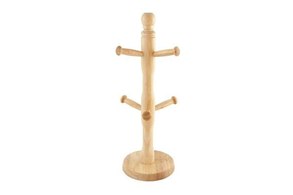 Hevea Wood Mug Tree 36cm 6 Hooks Stylish Coffee Cup Organizer Countertop Storage