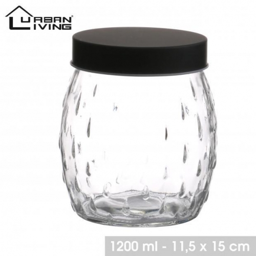 Round Glass Storage Jar Airtight Black Mat Lid 1.2L