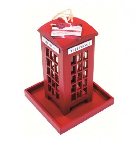 Traditional Red Telephone Box Shape Wooden Bid Feeder Garden Hanging Ornament