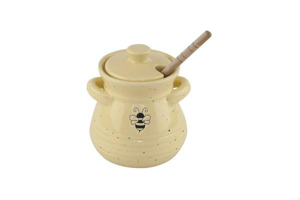 Honey Jar with Dipper Ceramic Yellow Bee Design Kitchen Storage Decor