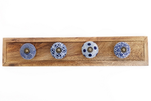 Blue and white Natural Coat Hooks On Wooden Base