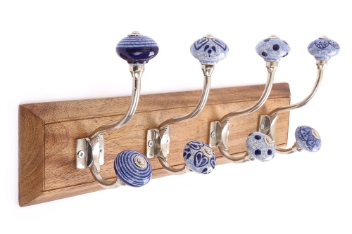 Blue and White Hooks On wooden Base For Clothes