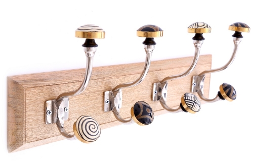 4 Gold Decorative Hooks On Wooden Base Stylish