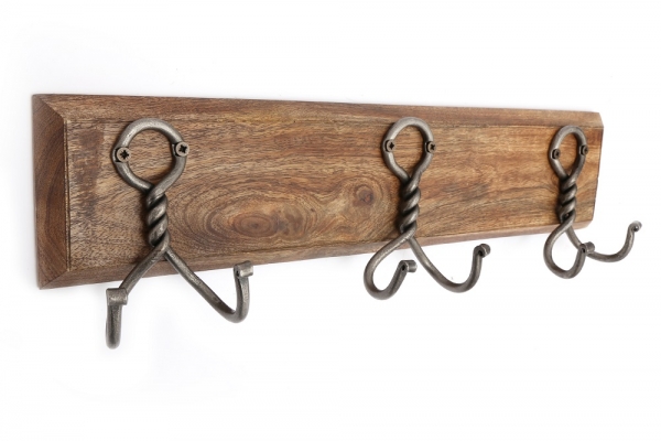 3 Double Metal Coat Hooks On Wooden Base