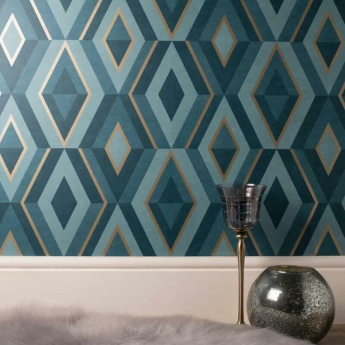 Fine Decor Diamond Shard Wallpaper Teal Gold Geometric Metallic