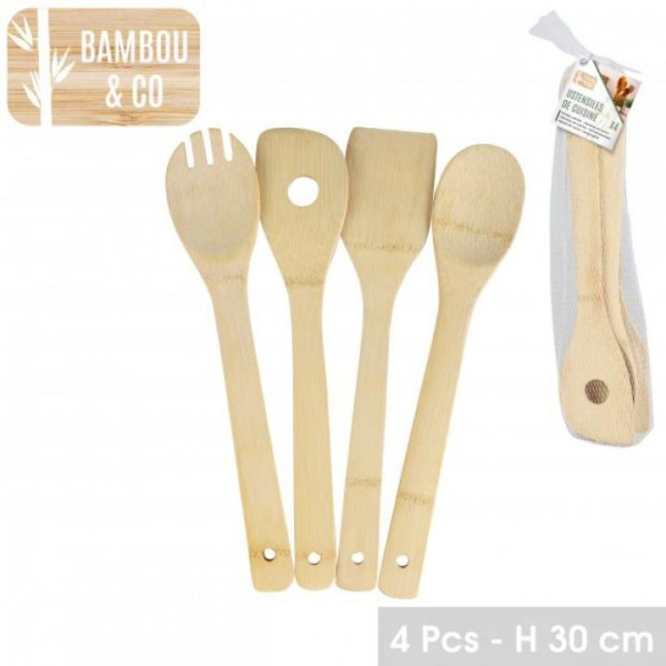 Set of 4 Bamboo Kitchen Utensils Natural Eco Friendly Durable for Cooking 30cm