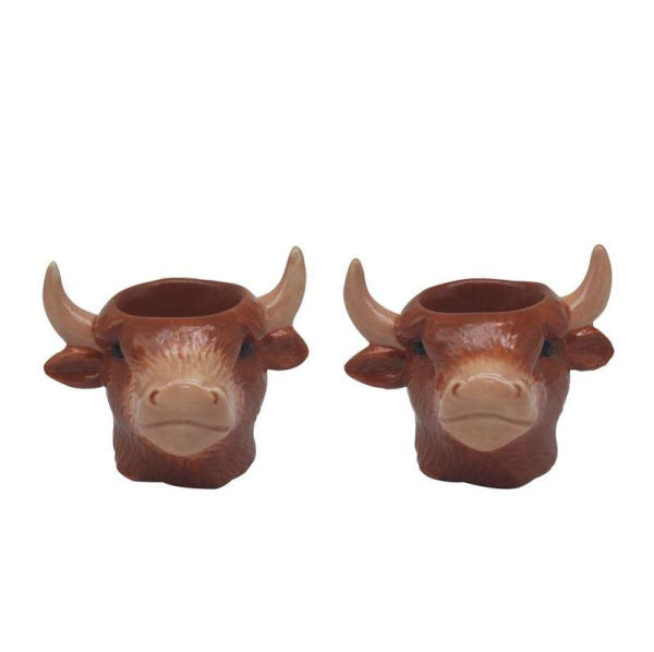 Highland Cow Egg Cups Set of 2 Ceramic Brown Rustic Breakfast Decor