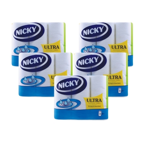 Pack of 5x3 Nicky Ultra Kitchen Rolls White 3 Ply strong and absorbent