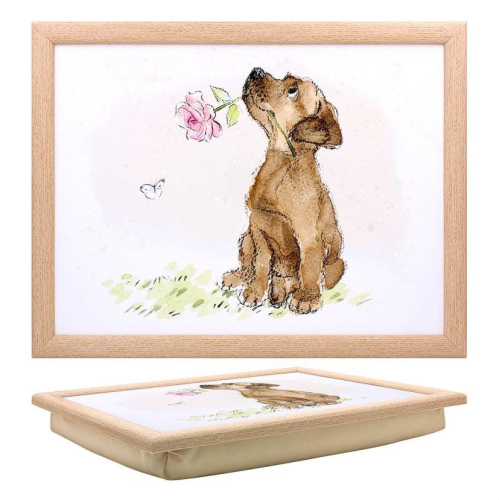 Dog with Rose Lap Tray Cushioned Base Medium Size Portable Stylish Indoor Use