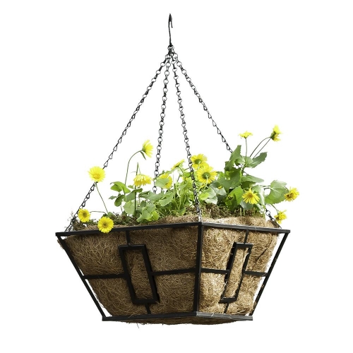 14 Inch Black Square Contemporary Hanging Basket with Coco Liner